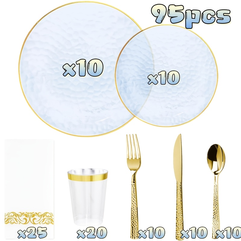 TEMU 95pcs Blue Plastic Tableware Set, Service For 10 Guests, Transparent Blue Plastic Plates, Premium Disposable Dinner Plates, Perfect For Parties,
