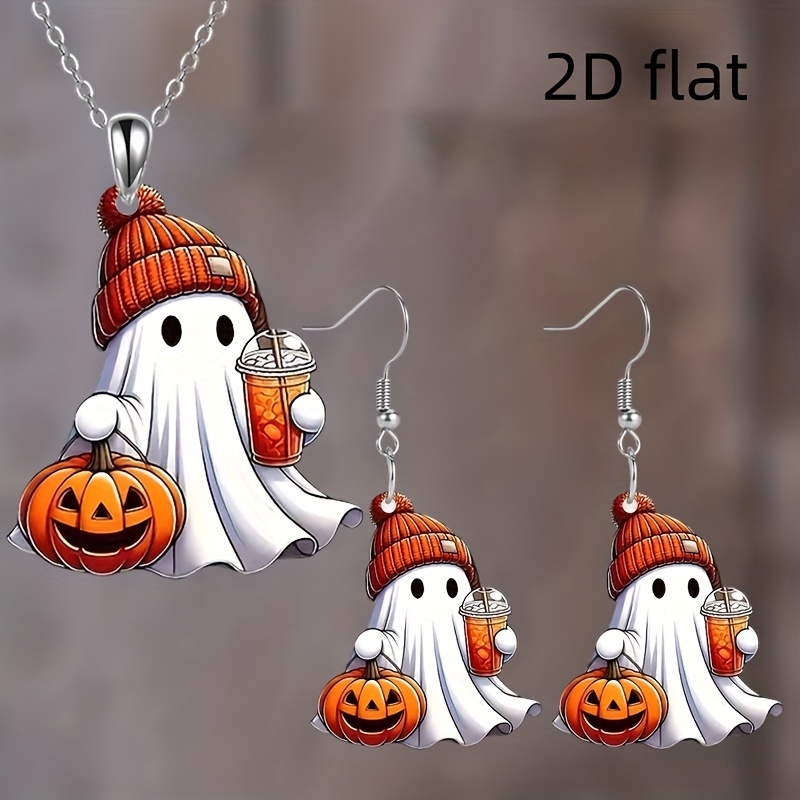 TEMU 2d Flat, 3pcs Fashionable 2d Flat Acrylic Necklace Earrings Christmas Halloween Thanksgiving Gift Birthday Party Anniversary Gift Jewelry, 2d