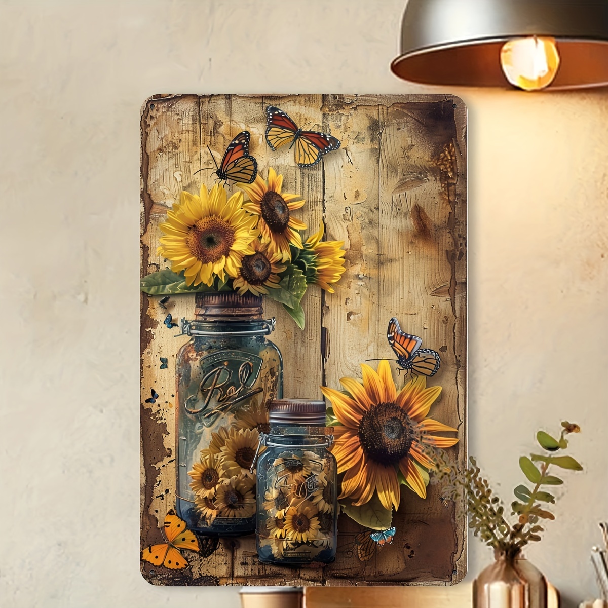 [2D Flat] Vintage Sunflower Metal Iron Sign - Rustic Wall Decor with Mason Jar and  , 20.32x30.48 cm, Indoor/ Outdoor Use, Suitable for Home, Garden, Cafe or Garage, Garden Decor | Vintage   | Durable Iron Sign, Outdoor Wall Decor,   Room Decor, Waterproof and Weatherproof Decor,   Universities, Bathrooms, Caves, Bars, Cafes, Garages, Farmhouses, for Man Caves - Black Vintage Poster Gifts,   Room Decor
