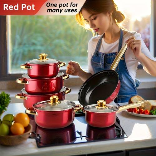 red 12pcs stainless set non stick pan set heat resistant frying saucepan versatile stylish durable suitable for induction stoves