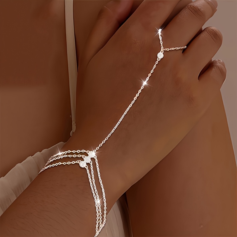 Image of 1pc Of Fashionable Tassel Finger Chain, Inlaid With Synthetic Cubic Zirconia Three-layer Bracelet, Hypoallergenic, Suitable For Party Vacations And Holiday Gifts