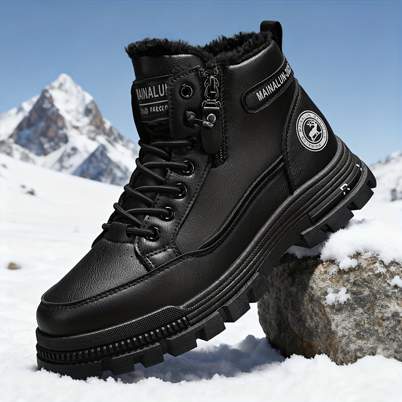 herr vintage casual fleecefodrade snöboots -    -överdrag med svarta detaljer, snörning, tjock pvc-sula för vinter & höst, rund tå för  , vardagliga vinterskor, vinterboots, stilboots, hållbara vinterskor