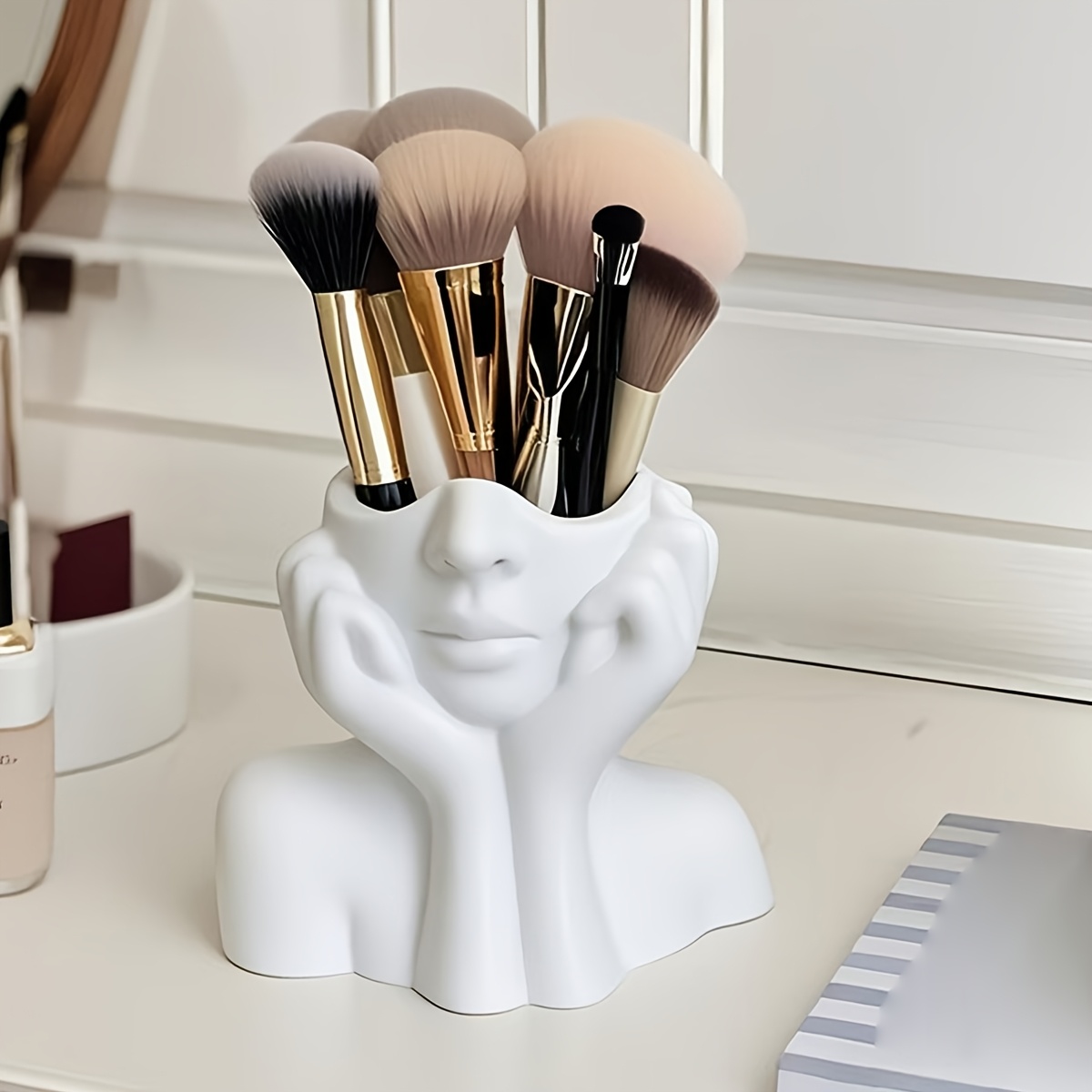 Image of 1pc Artistic Face Bust Plastic Kitchen Utensil Holder, Countertop Storage Caddy, Stylish Lightweight Plastic Organizer, Creative Decorative Pot For Spoons, Brushes, Utensils And Kitchen Decor
