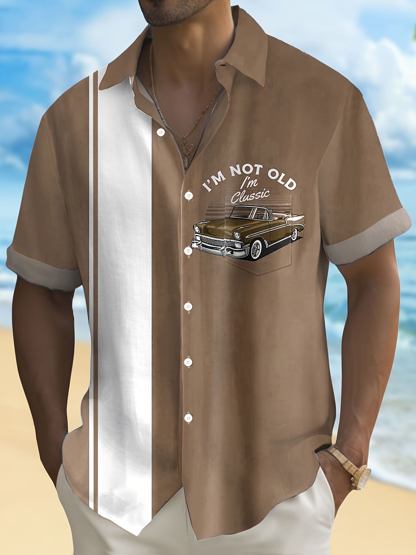 Men'S Plus Size Vintage Car Graphic Button-Up Shirt - Blue & White Checkered, Short Sleeve, Casual Summer Shirt with Front Pocket, Casual Summer Wear|Vintage Car Print|Short Sleeve Shirt