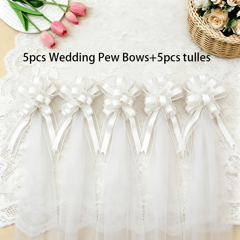 Image of 5 Sets (5 Wedding Pew Bows+5 Sheer Fabrics) Wedding Party Decoration, Chair Decoration, Suitable For Holiday Parties, Wedding Background Decoration Christmas, Halloween