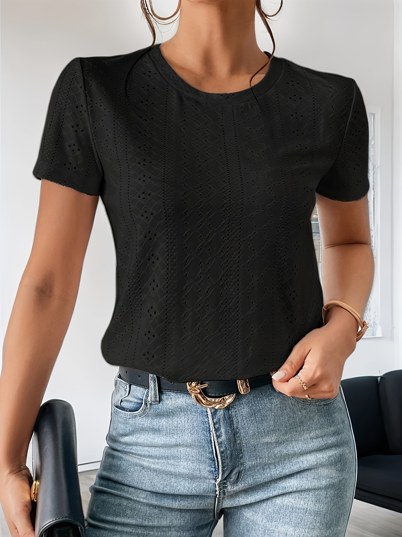 Eyelet Crew Neck T-Shirt, Casual Short Sleeve Top For Spring & Summer, Women's Clothing