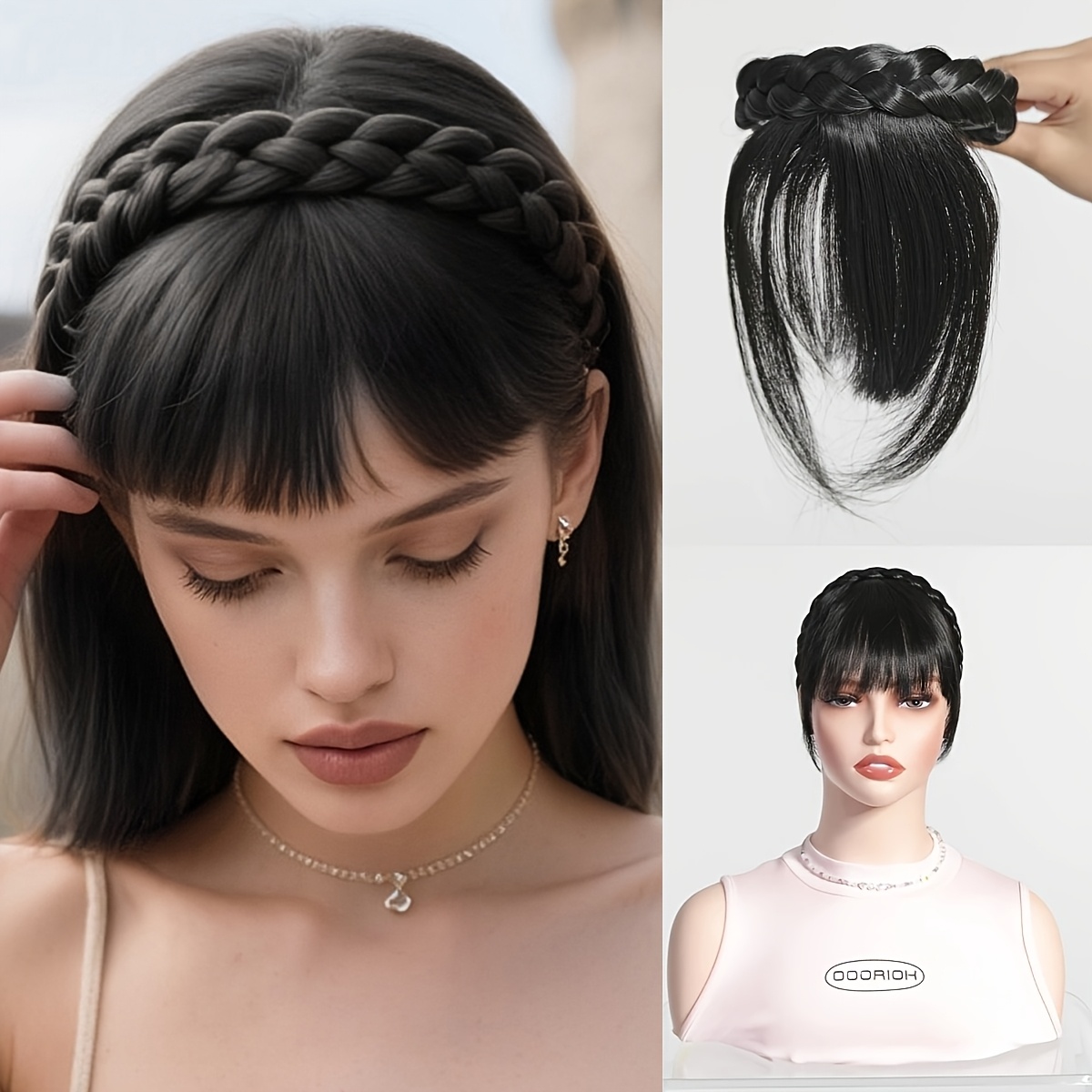 Image of 3 Strand Braid Twisted Braid Hairband Plus Head Wig With Bangs 4 Inch Wig, Fashionable And Spiritual Made Of High Quality Chemical Fiber Hair, Not To . Suitable For Women On , Daily Or Party