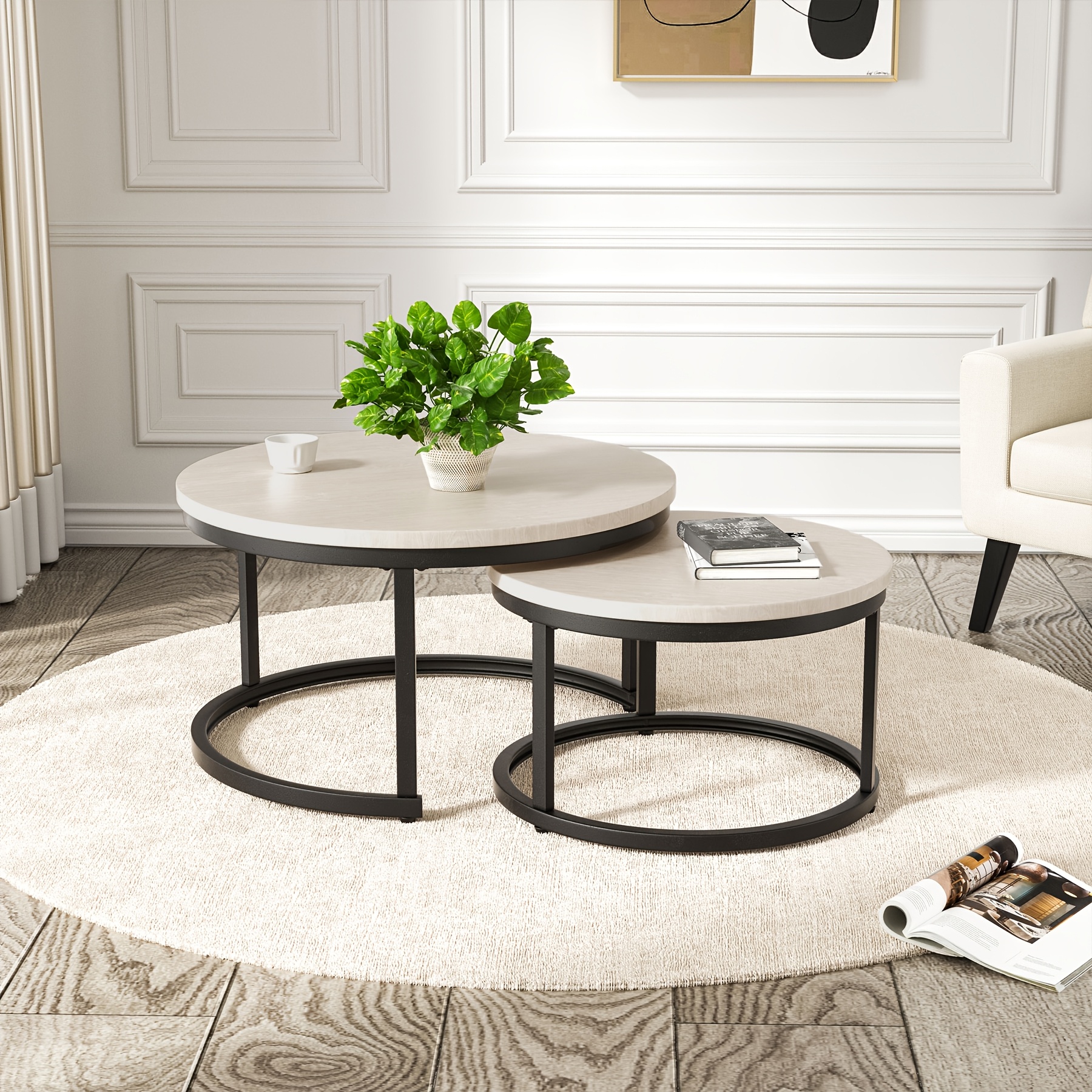 2pcs Modern Round Nesting Table Set With Frame & Laminate Tabletop - Space- Suitable For Living Room, Bedroom, Balcony Coffee Tables, Assembly Retro Furniture For Small Spaces ()
