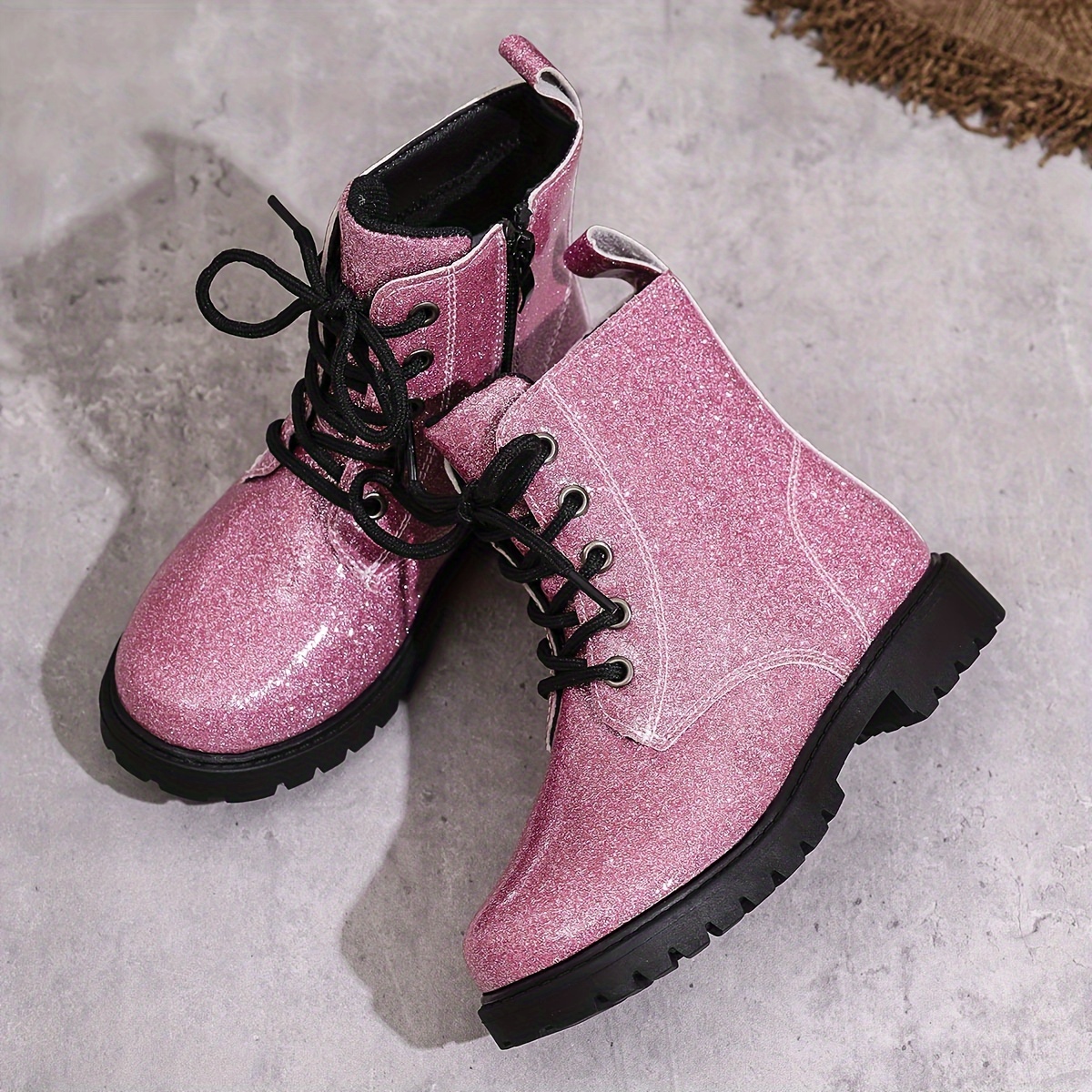 Glitzernde Rosa Mädchen-Chelsea-Stiefeletten Vielseitig, Kurzer Stil  mit Glitzerdetails, Reißverschluss Schnürverschluss, Bequemes