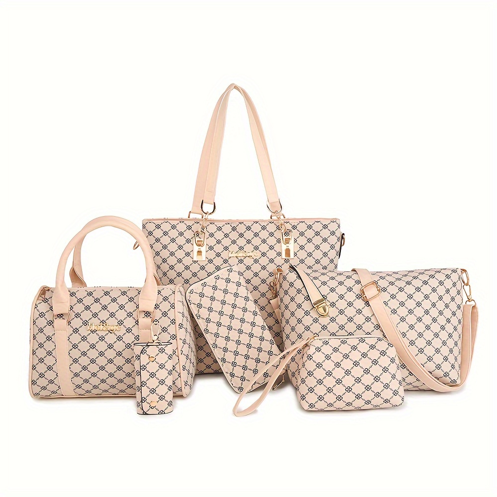 6pcs Women'S Fashionable Geometric Print PU Handbag Set
