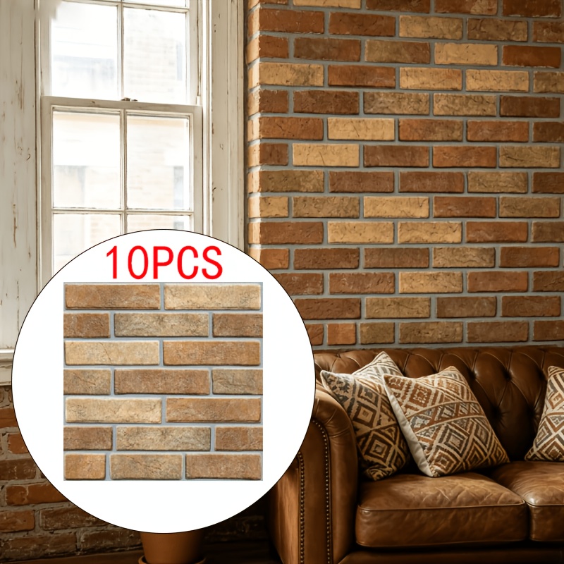 TEMU 10pcs Panneaux Muraux 3D Brique - Autocollants, Papier Peint PVC Auto-Adhésif, pour Maison, Chambre, Décoration de Salon, Installation Facile,