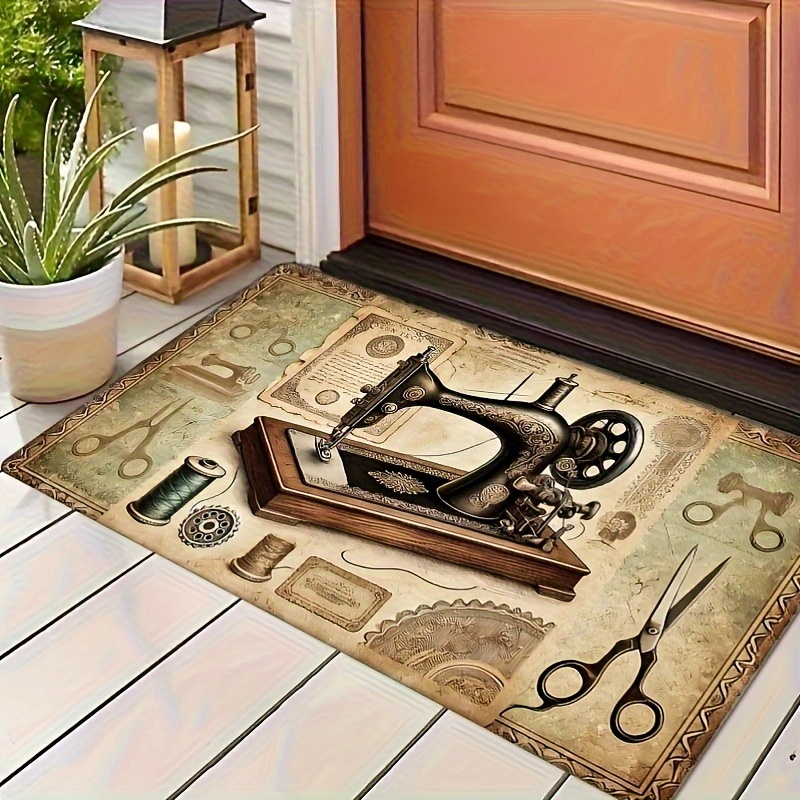 

Vintage Sewing Machine & Scissors Design Door Mat - Soft, Non-slip, Machine Washable Rug For Living Room, Bedroom, Kitchen, Bathroom, Laundry, Office Decor