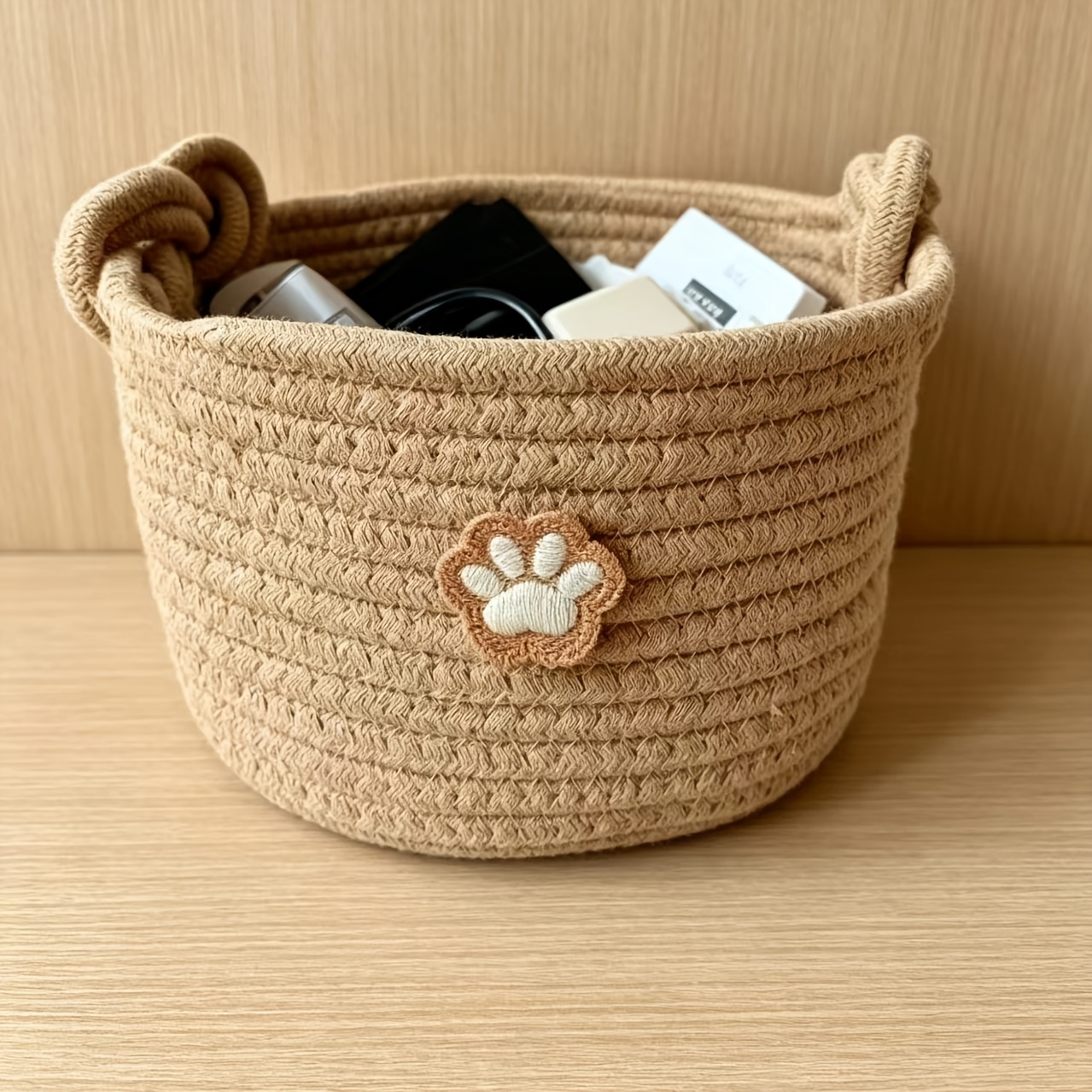 TEMU Hand Braided Multipurpose Storage Basket With Knotted Handles Household Small Items Organizer Containe, Shelf Baskets