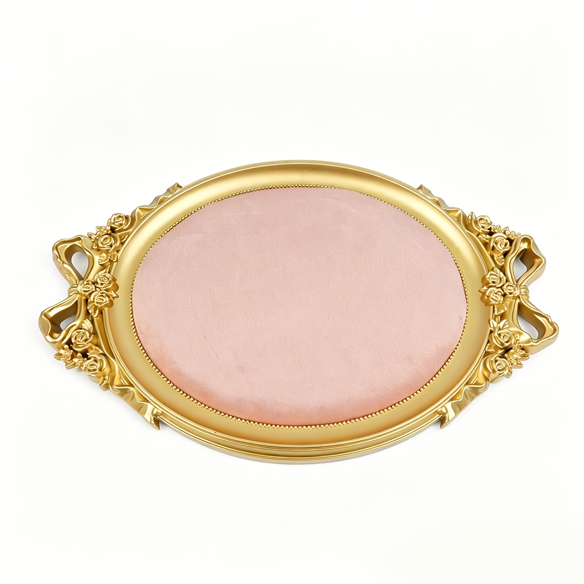 Retro Golden Frame Oval Jewellery Tray with Bow, Velvet Lining