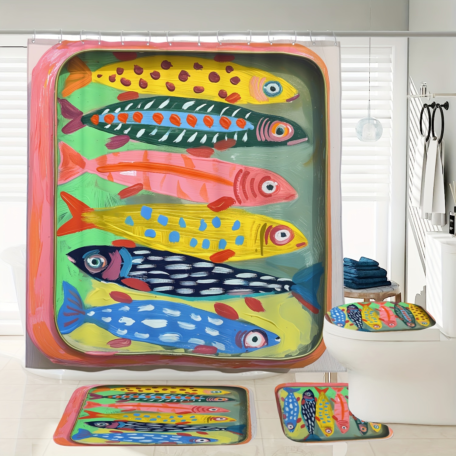 

1/3/4pcs Fish Pattern Shower Curtain Set, Waterproof Shower Curtain With Hooks, Non-slip Bath Rug, U-shape Mat, Toilet Lid Cover Pad, Home Decor, Bathroom Accessories