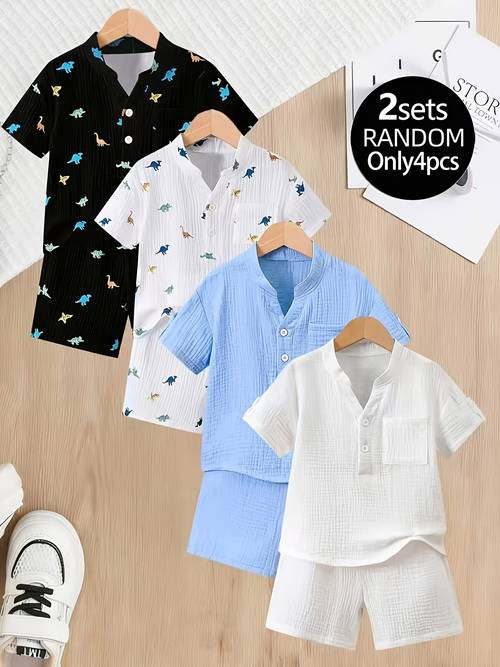 poza articolului set de ținute aleatorii pentru băieți, 2 stiluri (2 tricouri + 2 pantaloni scurți), 4 piese aleatorii în total. aceste tricouri cu mânecă scurtă și pantaloni scurți, stilate și confortabili, un cadou perfect de vară, pentru purtarea zilnică și în aer