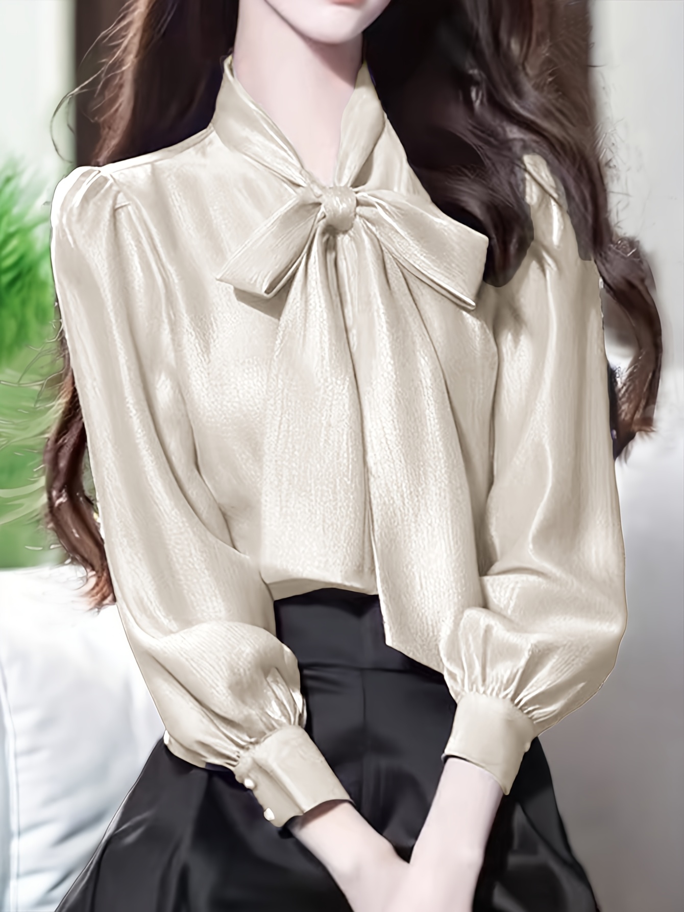 womens satin blouse bow tie detail shirt puff sleeve long - Temu