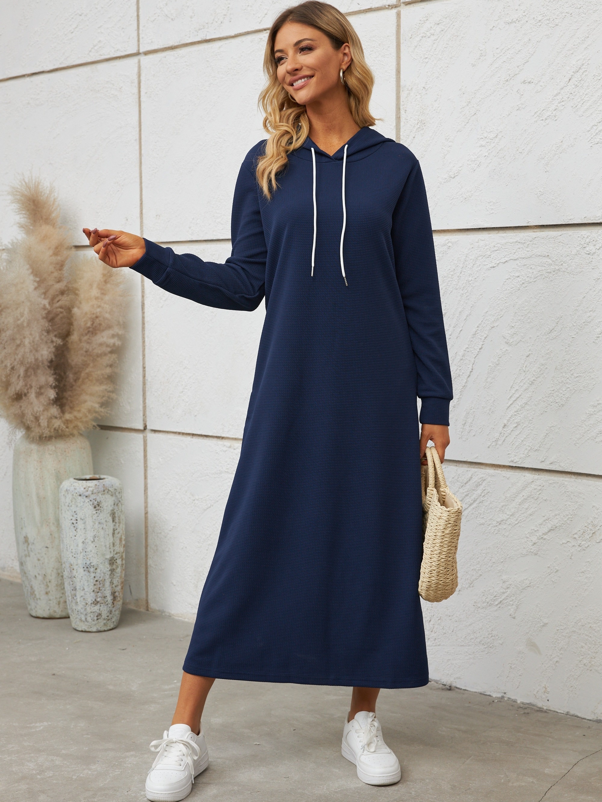 Drawstring Solid Hooded Dress Casual Long Sleeve Maxi Dress - Temu