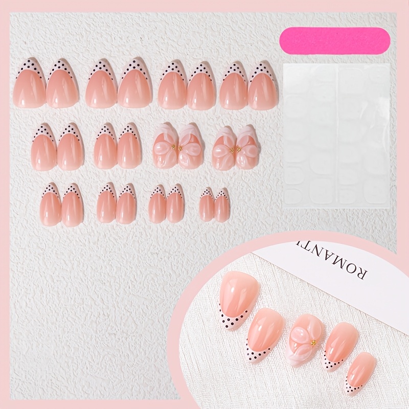 TEMU 24pcs White Dot 3d Powder Bow Almond Press-on Nails, Nude Pink Embossed Press-on Fake Nails, Includes 1 Sheet Of Jelly Glue And 1 Buffing Block.