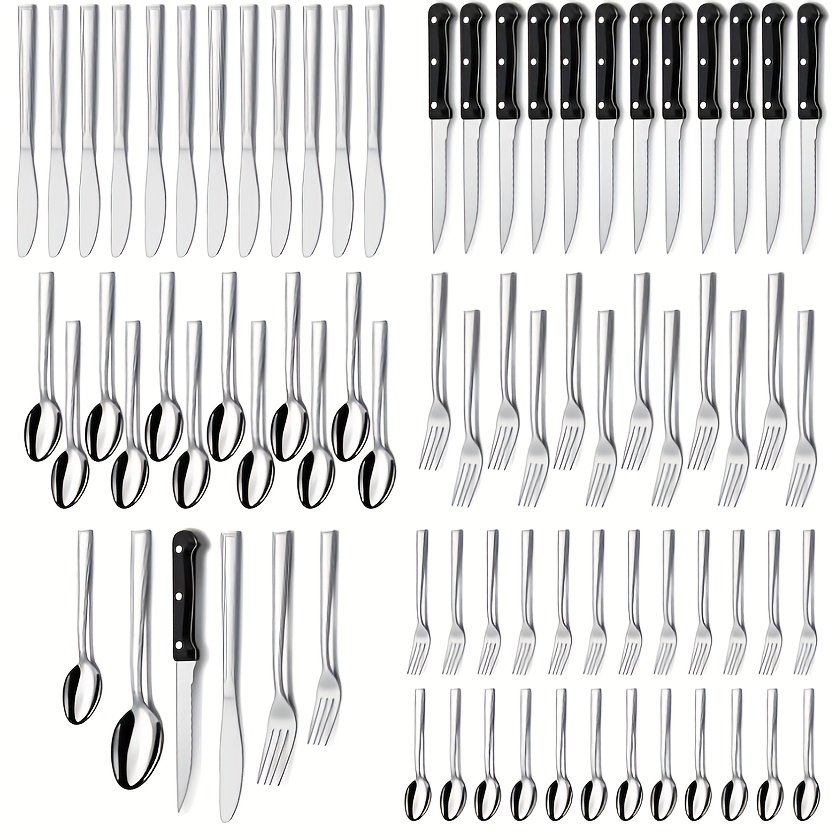 

72pcs Stainless Steel Cutlery Set With Steak Knives - Includes Forks & Spoons, Restaurants, Parties, Weddings - Dishwasher Safe