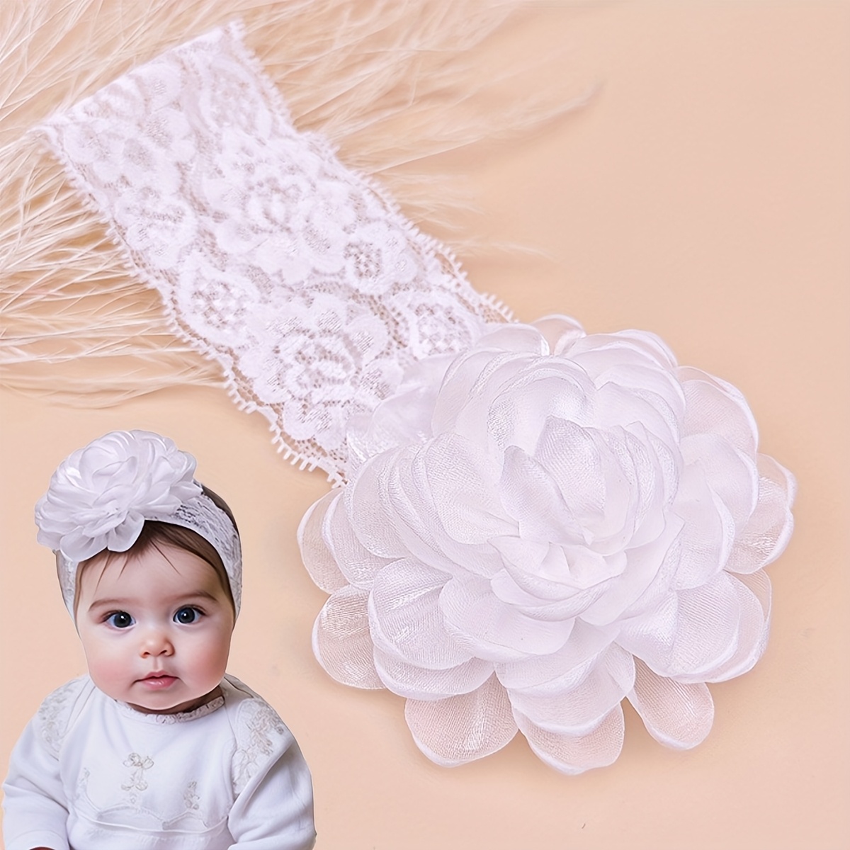 Chiffon-Blumen-Haarbänder Für Babys & Mädchen – Zarte Stirnbänder Mit Perlen & Spitze | Handgenäht, Rosa/weiß