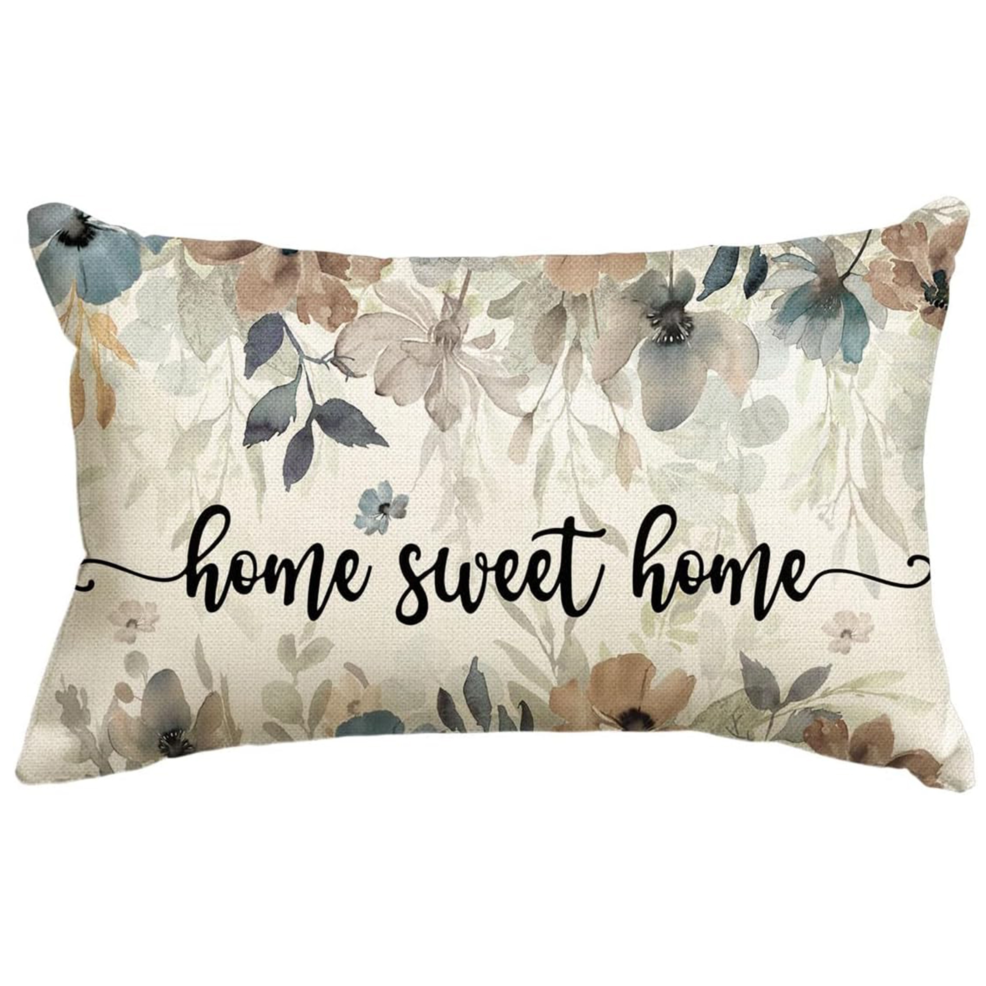 

Contemporary Linen Throw Pillow Cover 12x20 Inch, Home Sweet Home Floral Design, Machine Washable, Zippered, Woven Decorative Pillowcase For Sofa Couch And Various Room Types - Jit 1pc