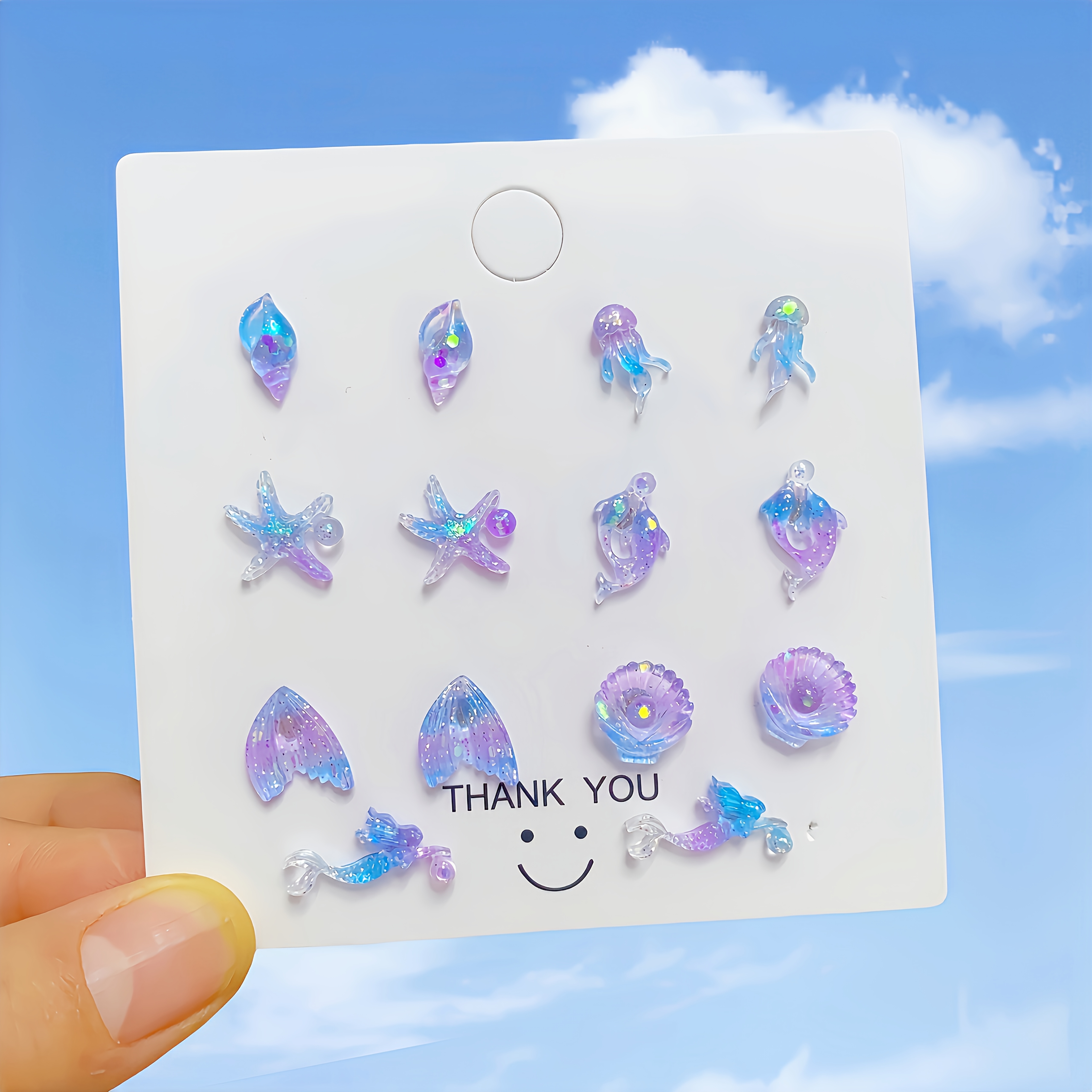 E-shop 14-teiliges/7 Paar Mini Romantisches Ozean-Stil Ohrring-Set mit Leuchtendem Harzmaterial – Leichtes Leuchten im Dunkeln, Hypoallergenes