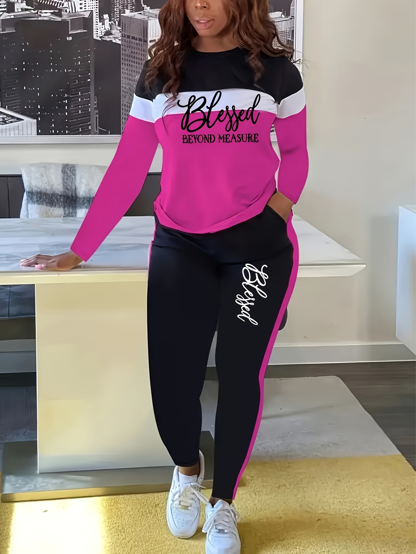 Conjunto de piezas con estampado &*;Plus Size Blessed&*;, casual, de  bloque de color, cuello larga y pantalones, ropa de talla p