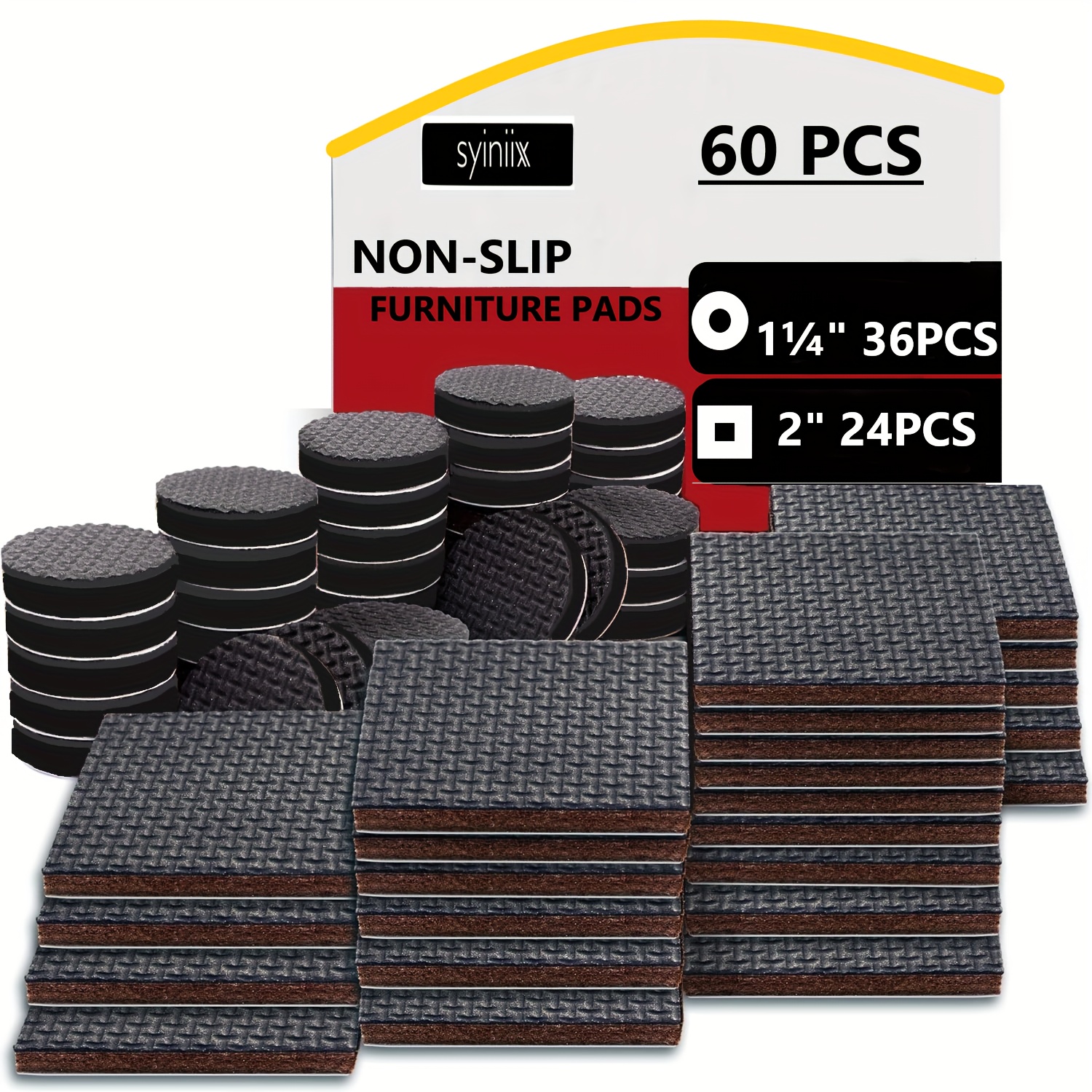 

60-piece Non-slip Furniture Pads Set - Self-adhesive Rubber Grippers With Felt - Includes 36 Round (1.25") And 24 Square (2") - Heavy Duty Floor Protectors For Hardwood Floors And Furniture Legs