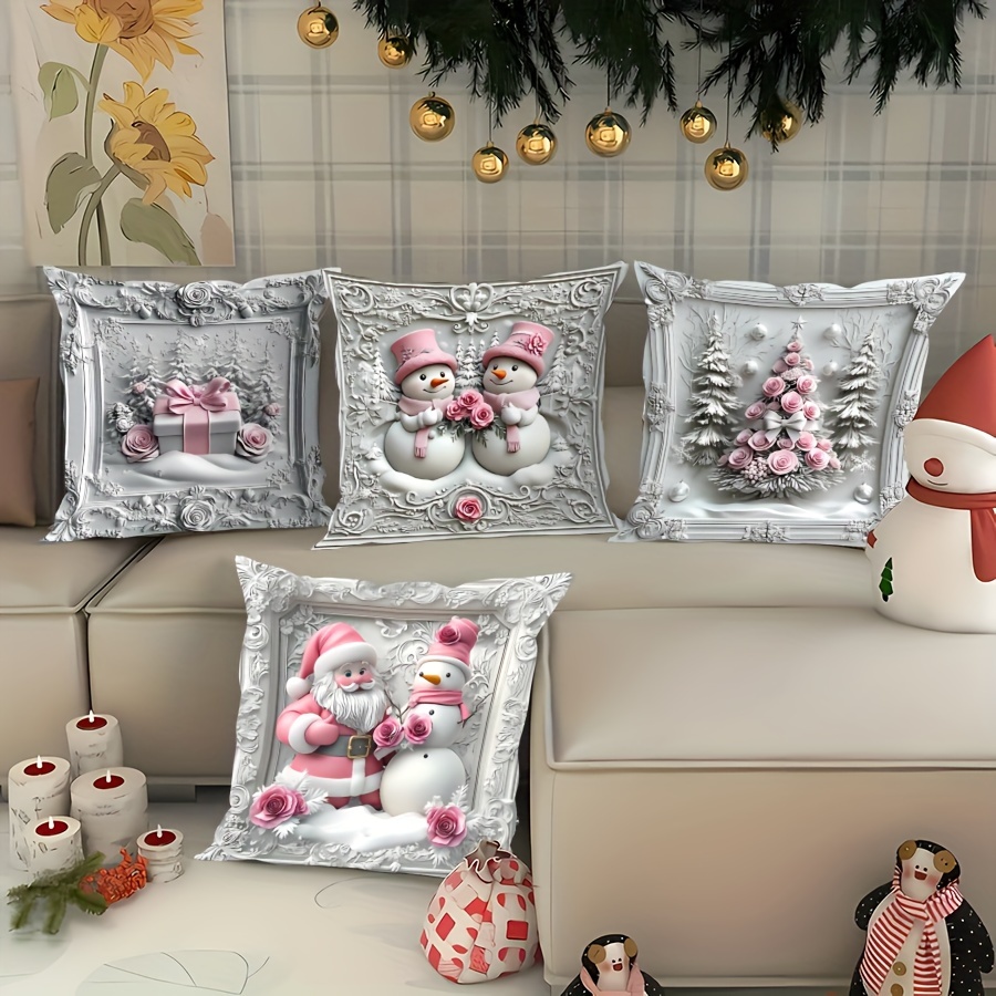 

4pcs Christmas Printed Set, 3d Santa, Snowman, , Contemporary Zippered Cushion For Decor, , Bedroom, Washable, -