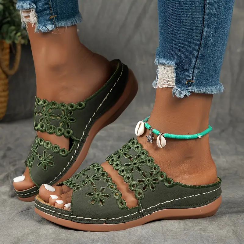 women s flower hollow wedge slide sandals casual peep toe 3
