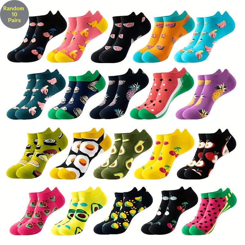 10 pairs random fruits vegetables print ladies no show socks spring summer elastic soft breathable quick dry short socks