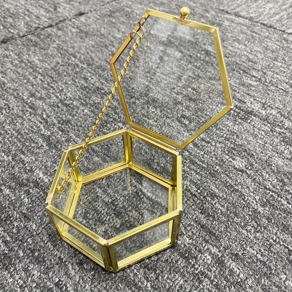 1pc Hexagonal Transparent Glass Jewelry Box, , 3.14in X 1.57in, Wedding Gift, Brass Frame, Storage Organizer For Rings, Bracelets & Earrings, Decorative Display Case, Mother's Season Gift, Decor