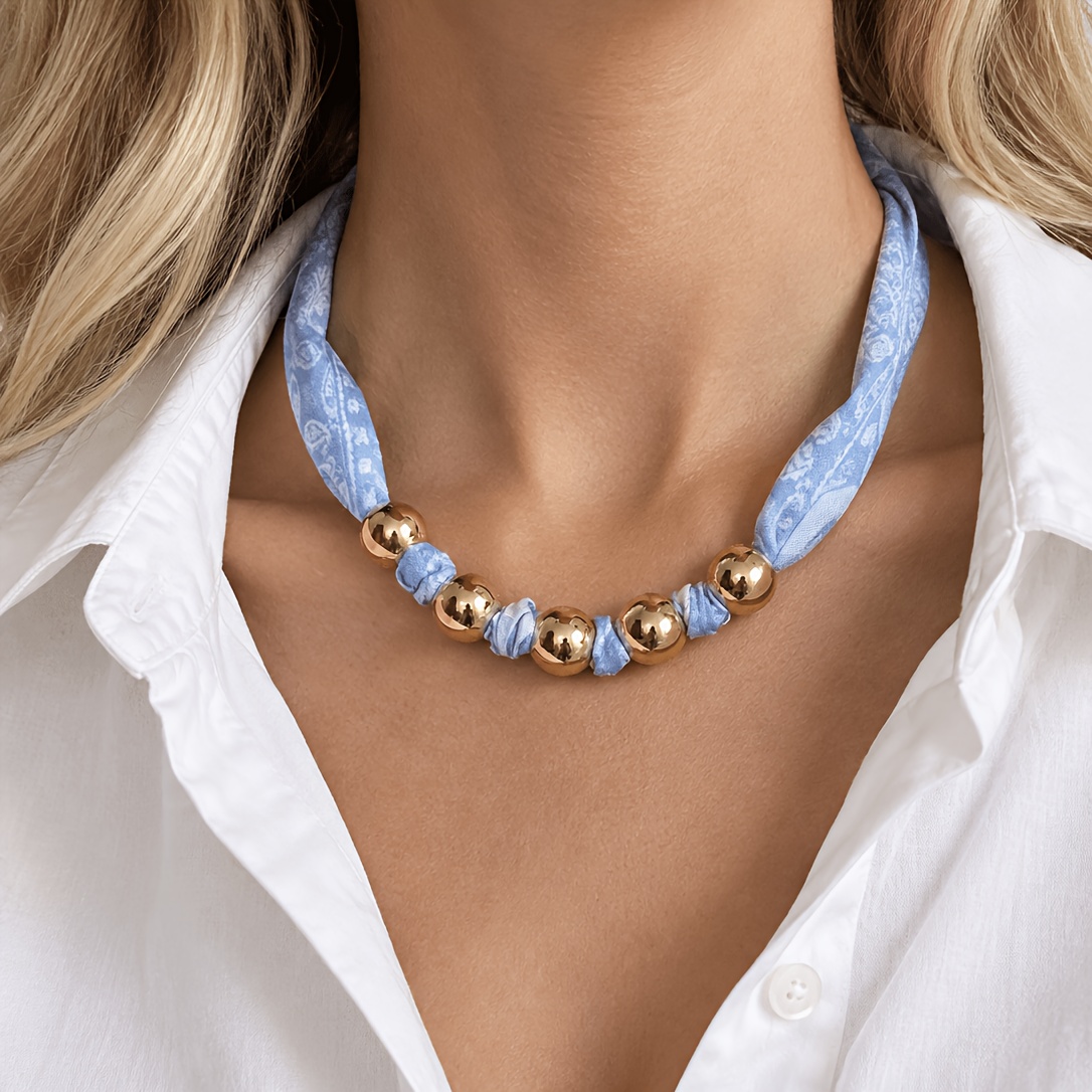 TEMU Women's Blue Printed Ribbon Necklace, Golden Beaded Fabric Choker Necklace, Bohemian Necklace, Adjustable Soft Neck Jewelry, Fashionable Trendy