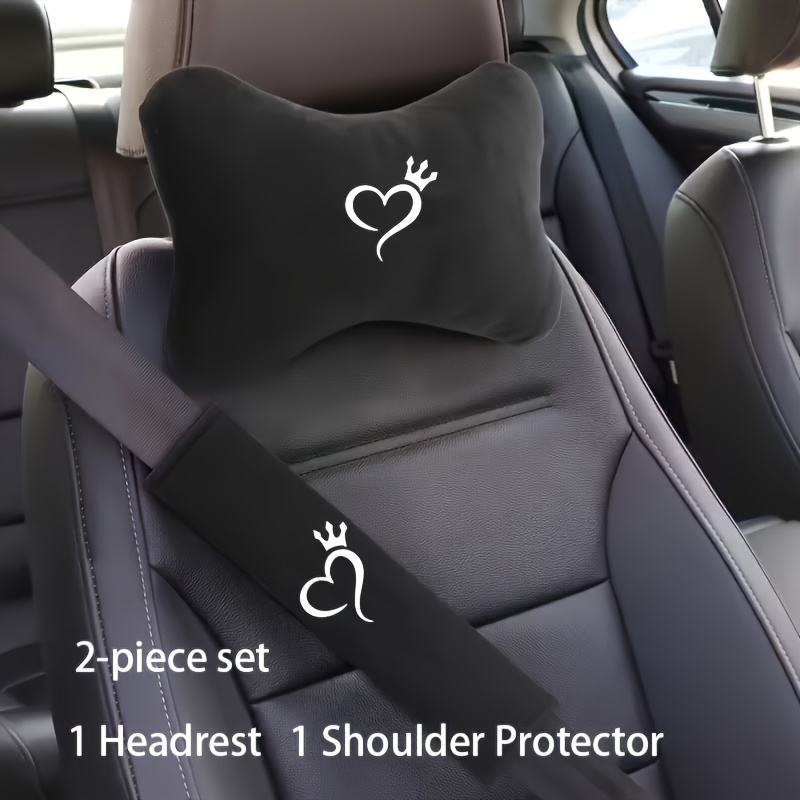 TEMU Love Heart Print Car Headrest And Seat Belt Shoulder Pad 2pcs Set (1pc Headrest And 1pc Shoulder Pad), Soft Short Plush Fabric Skin-friendly