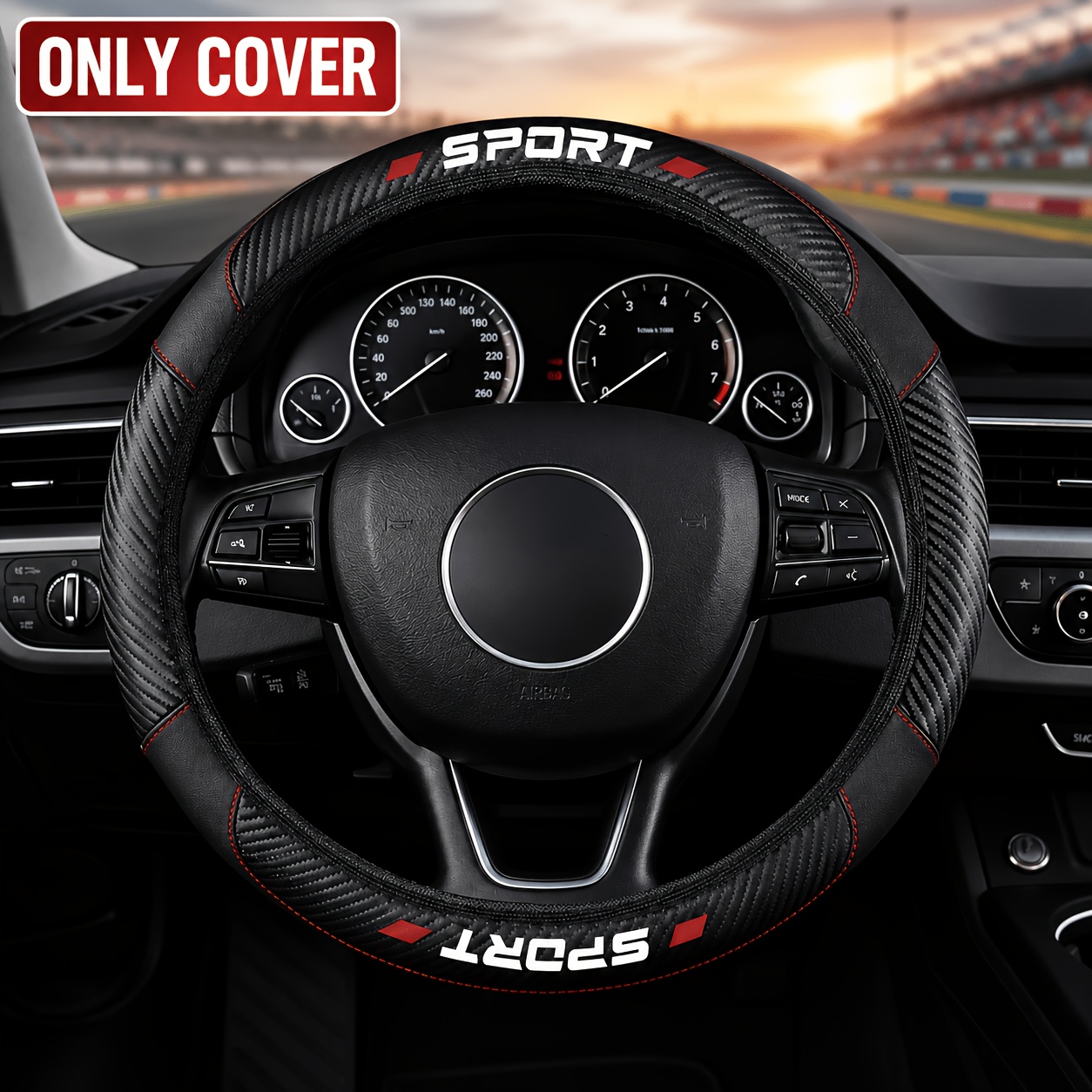 TEMU 1pc Sport Faux Leather Car Steering Wheel Cover, Carbon Fiber Faux Leather, Non-slip And Breathable Grip, Sport Style, Universal Fit -15 Inch,