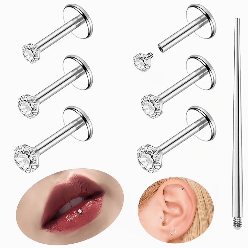 TEMU Lot de 7 clous d'oreilles 16G à dos plat avec filetage interne, ornés de synthétique. Convient pour divers piercings d'oreille, y le tragus,