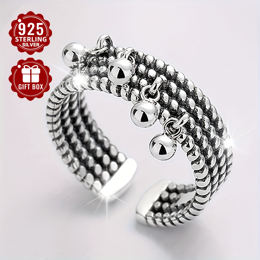 

Adjustable 925 Sterling Silver Twisted Tassel Bead Ring, Vintage Style For Parties And Festivals, Wear - . 4.8g