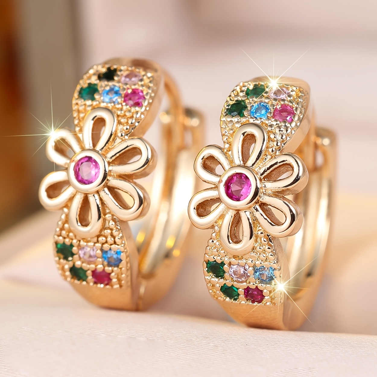 TEMU A Pair Of Floral-shaped Women's Classic, Luxurious, Fashionable, Elegant, , Simple, And Versatile Exquisite Jewelry Pieces Inlaid With Synthetic