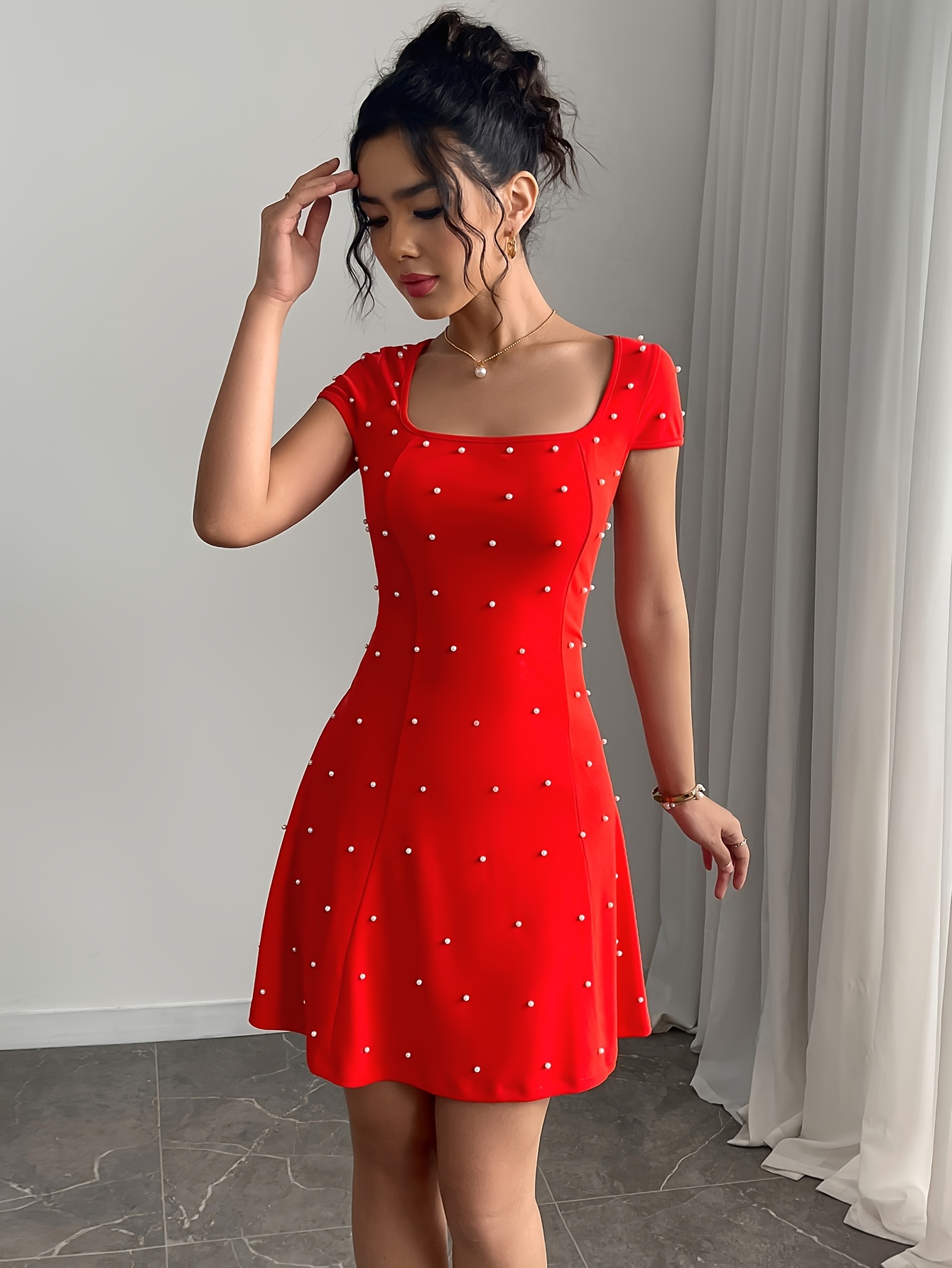 elegant pearl embellished a line mini dress adults polyester - Temu