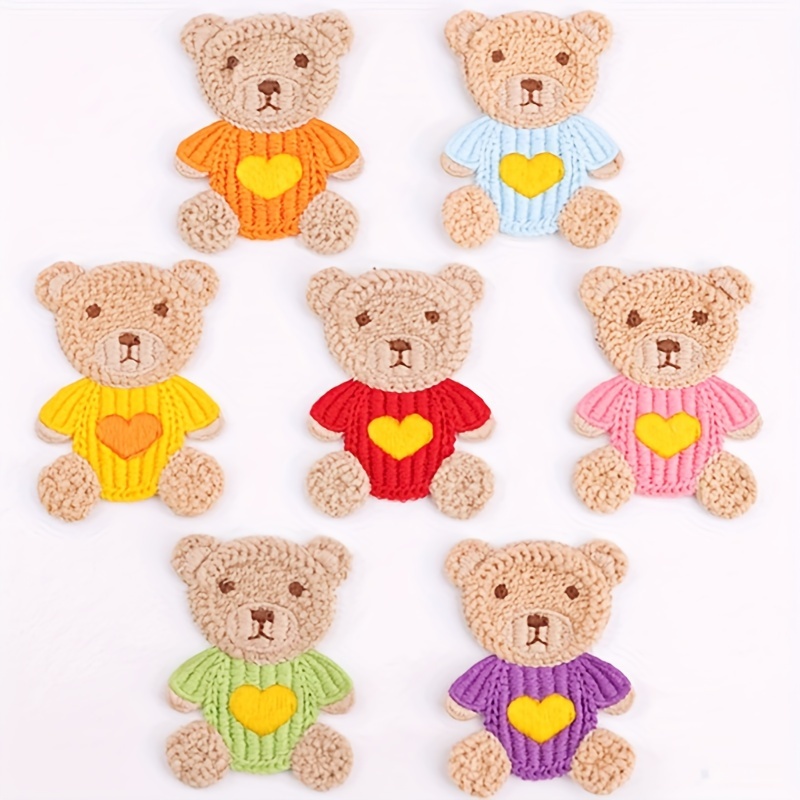 

7 Pcs Cute Teddy Bear Embroidery Patches - Perfect For Clothing, Bags, And More - Available In Red, Pink, Yellow, Orange, Blue, Green, And Purple