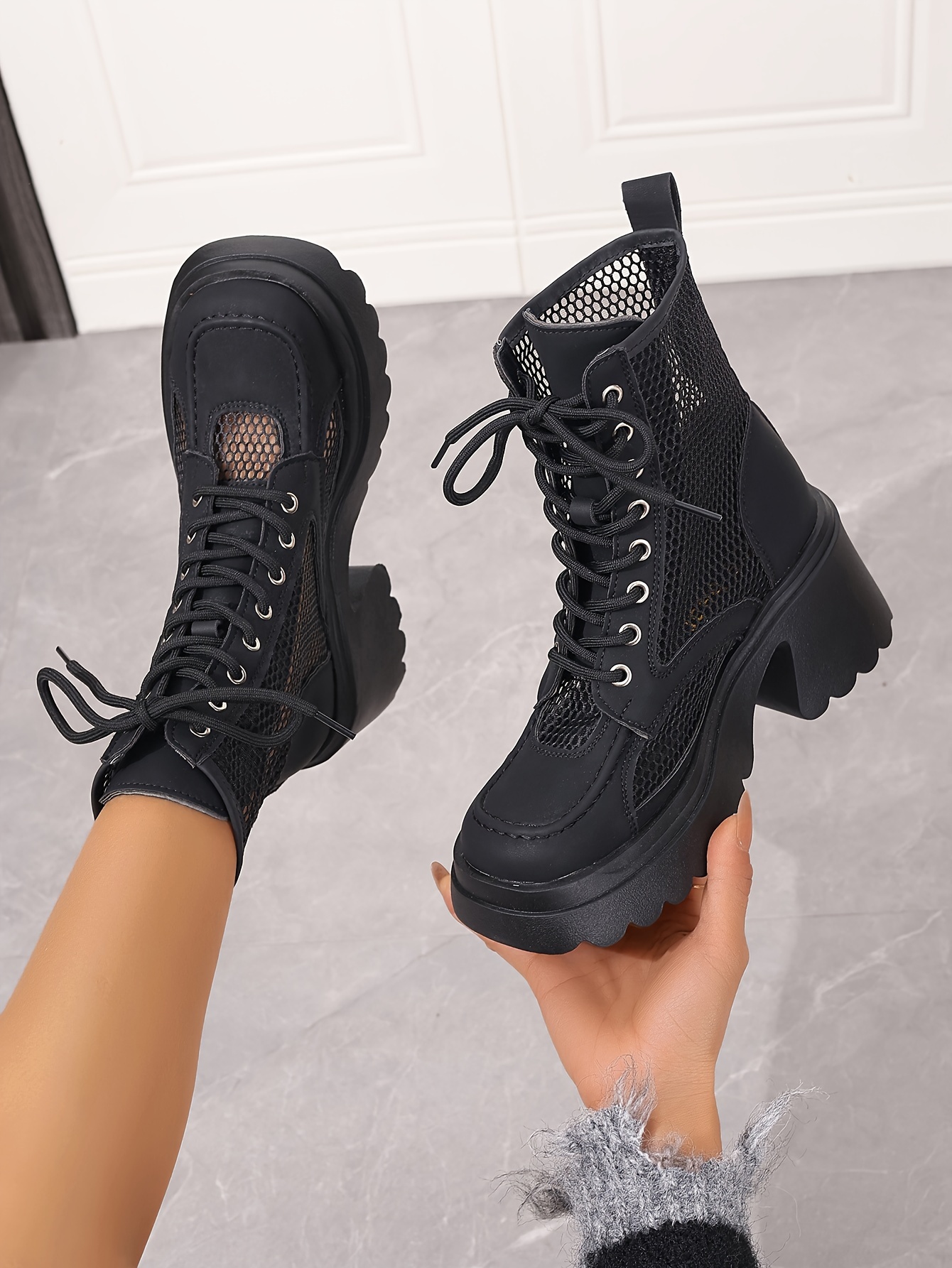 Women's Mesh Platform Sandals Boots, Stylish Hollow Round Toe Chunky Heeled  Short Boots, Lace Up Ankle Combat Boots