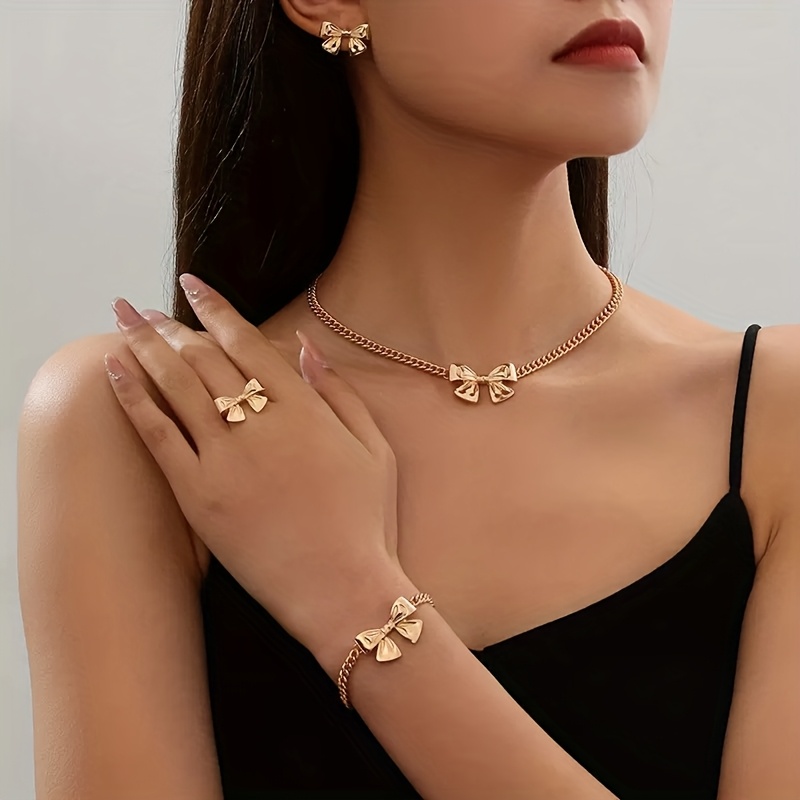 4pcs Women's Jewelry Set, Featuring A Fashionable, Elegant, And Minimalist . Includes A Necklace, Bracelet, Ring, And Earrings, Perfect For Daily Casual Wear Or As A Holiday Gift