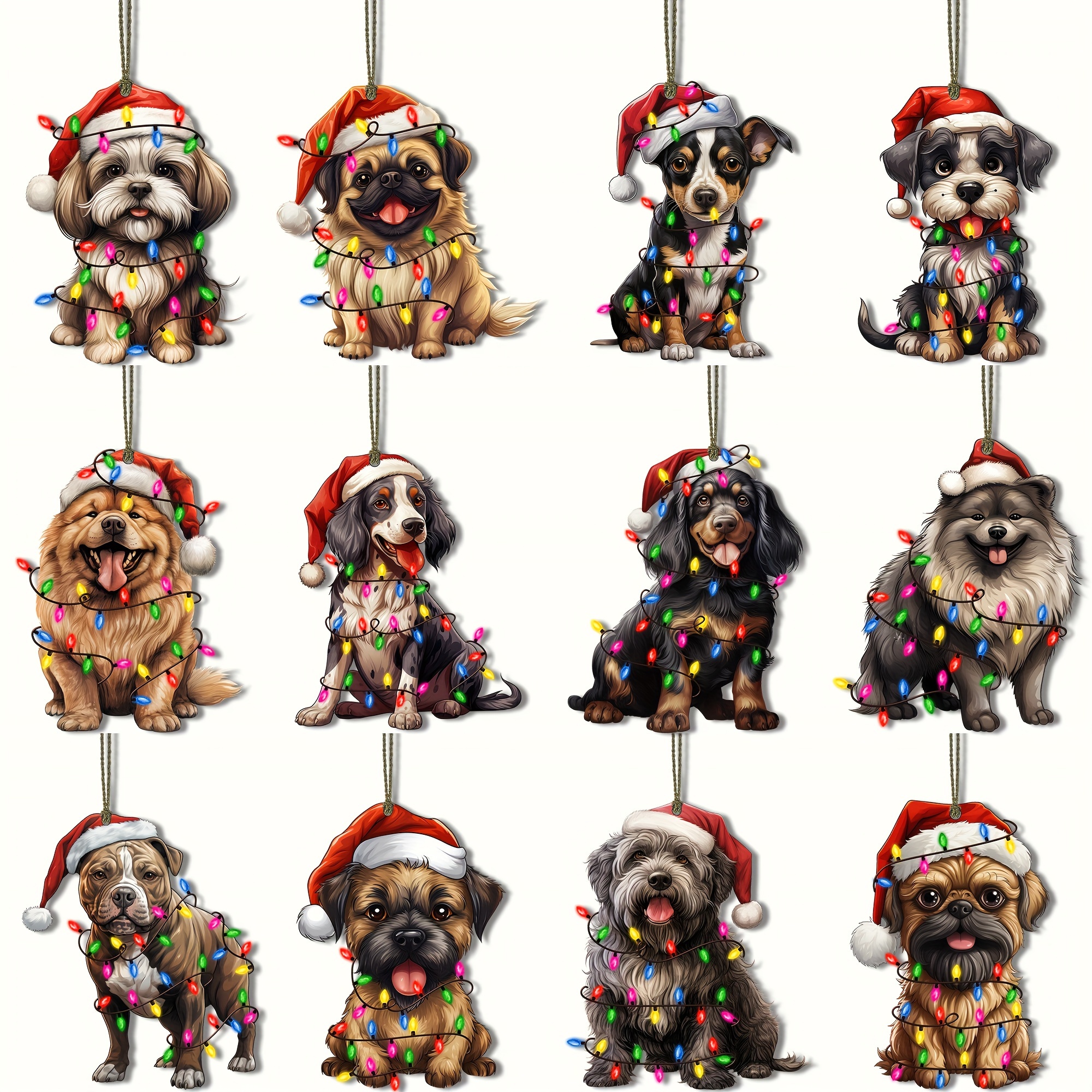 

12 Pcs Handcrafted Wooden Dog Christmas Ornaments Set, Plywood Holiday Hanging Decorations, Perfect Gift For Christmas - Assorted Dog Breeds In Santa Hats And Lights