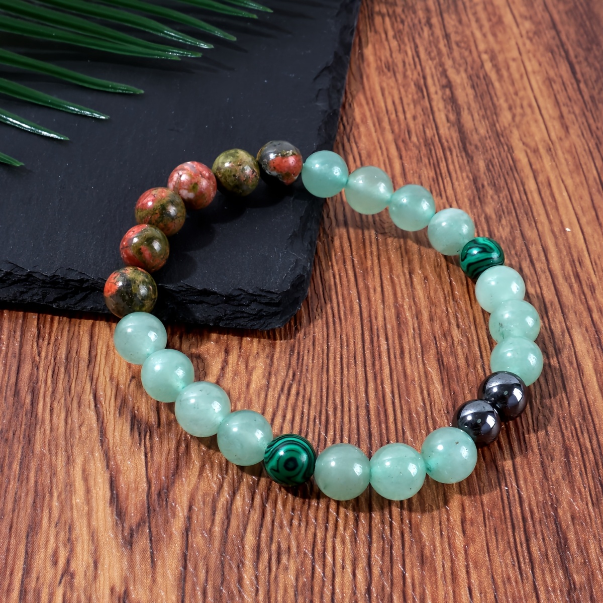 Peacock Green Flower Agate Bracelet, Natural Crystal Beaded