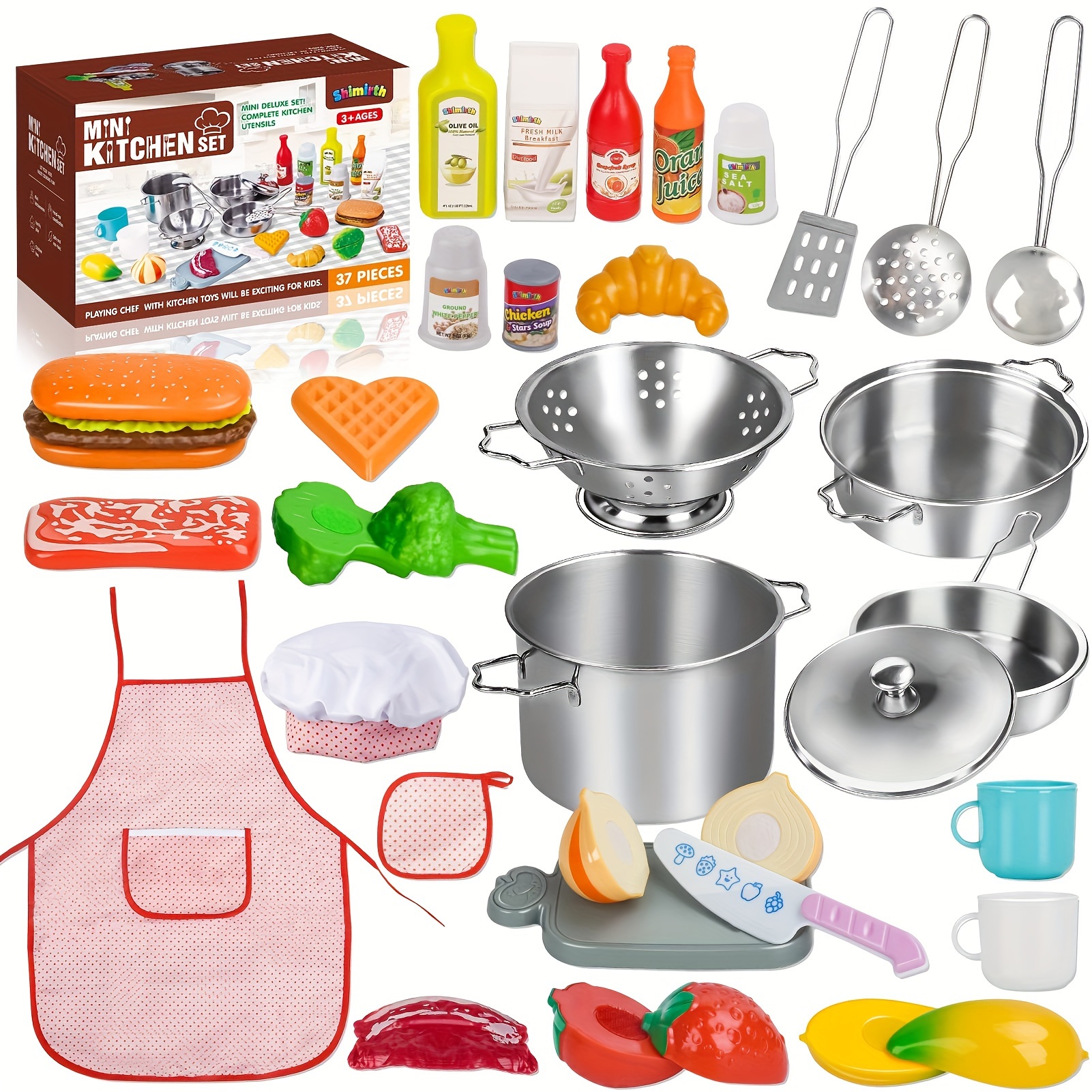 

37pcs Pretend Play Kitchen Accessories, Kids Kitchen Playset Stainless Pots And Pans Sets For Kids, Apron & Chef Hat, Cooking Utensils, Play Food, For Christmas, Halloween Gift