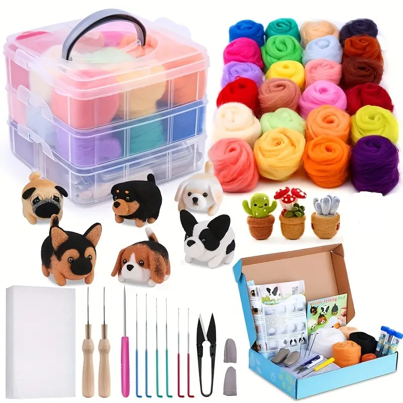 wuturee wool felting kit with felting needles and wool roving total 107pcs for doll and fabric making wool fibre spinning craft felting material for beginners non finished materials package details 0