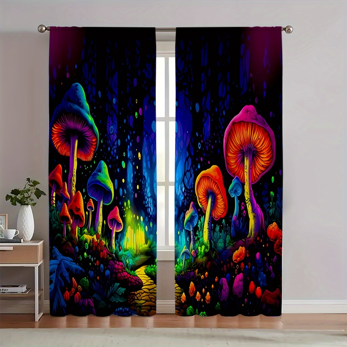 

2pcs Light Blocking Curtains, Cartoon Mushroom In Dark Printing Pattern, Uv Protection And Insulation Curtains, Soft And Easy To Hang Bedroom And Living Room Decoration