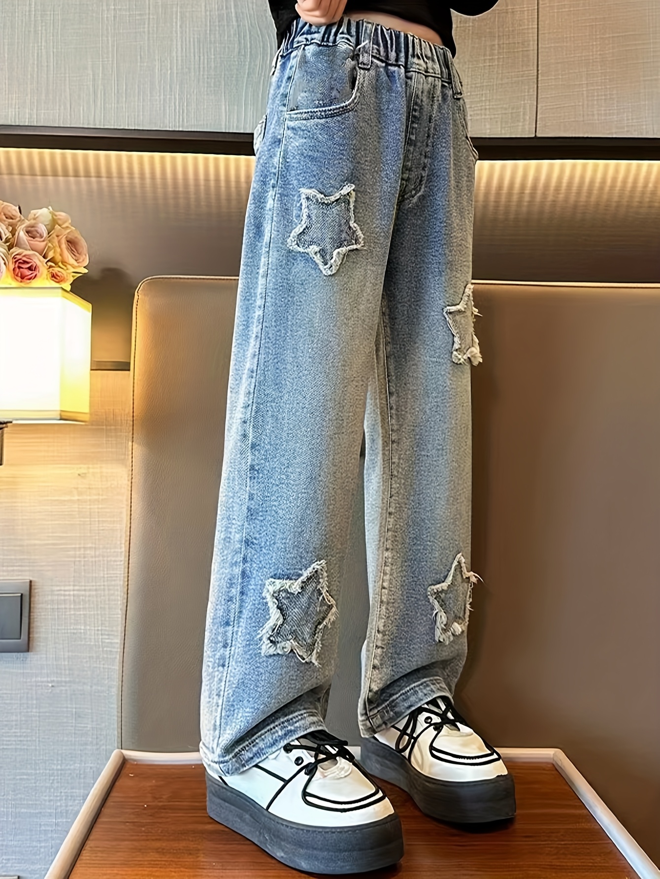 viral y2k star jeans women high waist light blue wide leg Temu