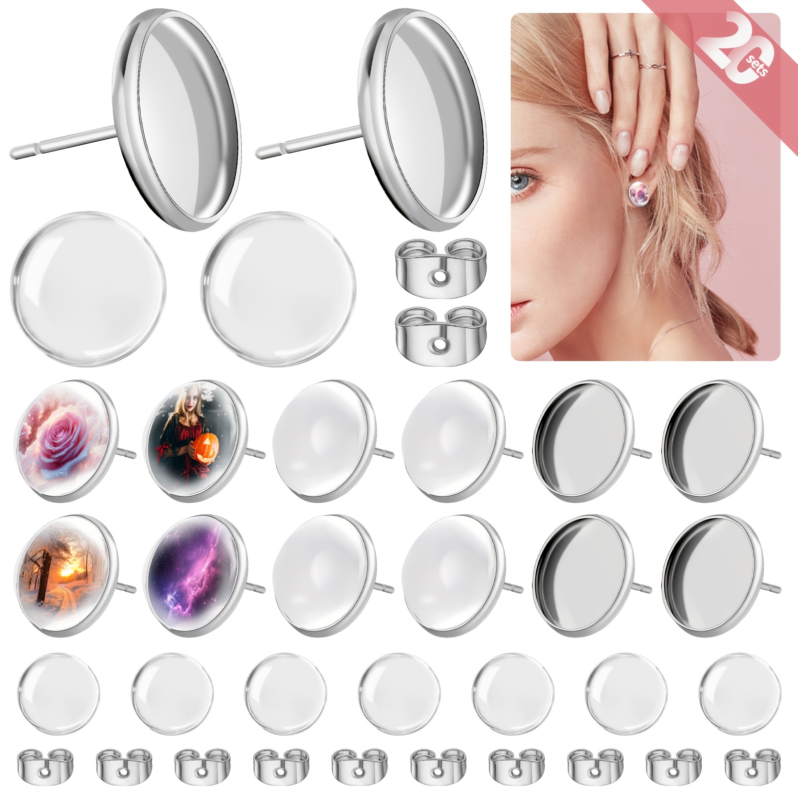 E-shop 90-teiliges Ohrstecknadel-Set, inklusive 20 Stück 12 mm Edelstahl Rohlinge, 20 Stück 12 mm transparente Glas Cabochons, 50 Edelstahl